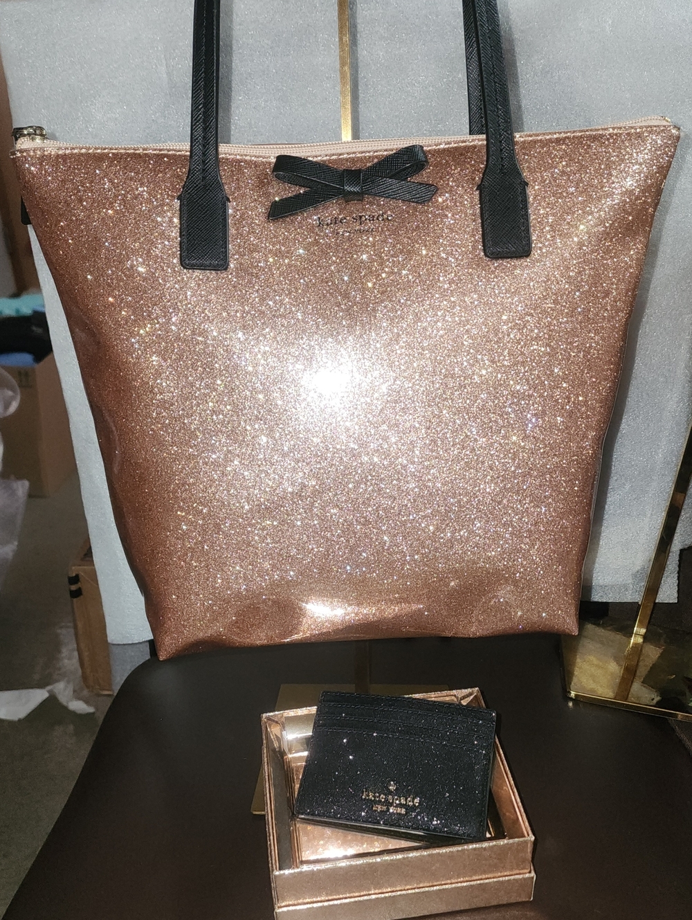 Kate Spade Euc "2 Fer" Rose Gold Glitter Tote with Black Glitter Card Holder NIB
